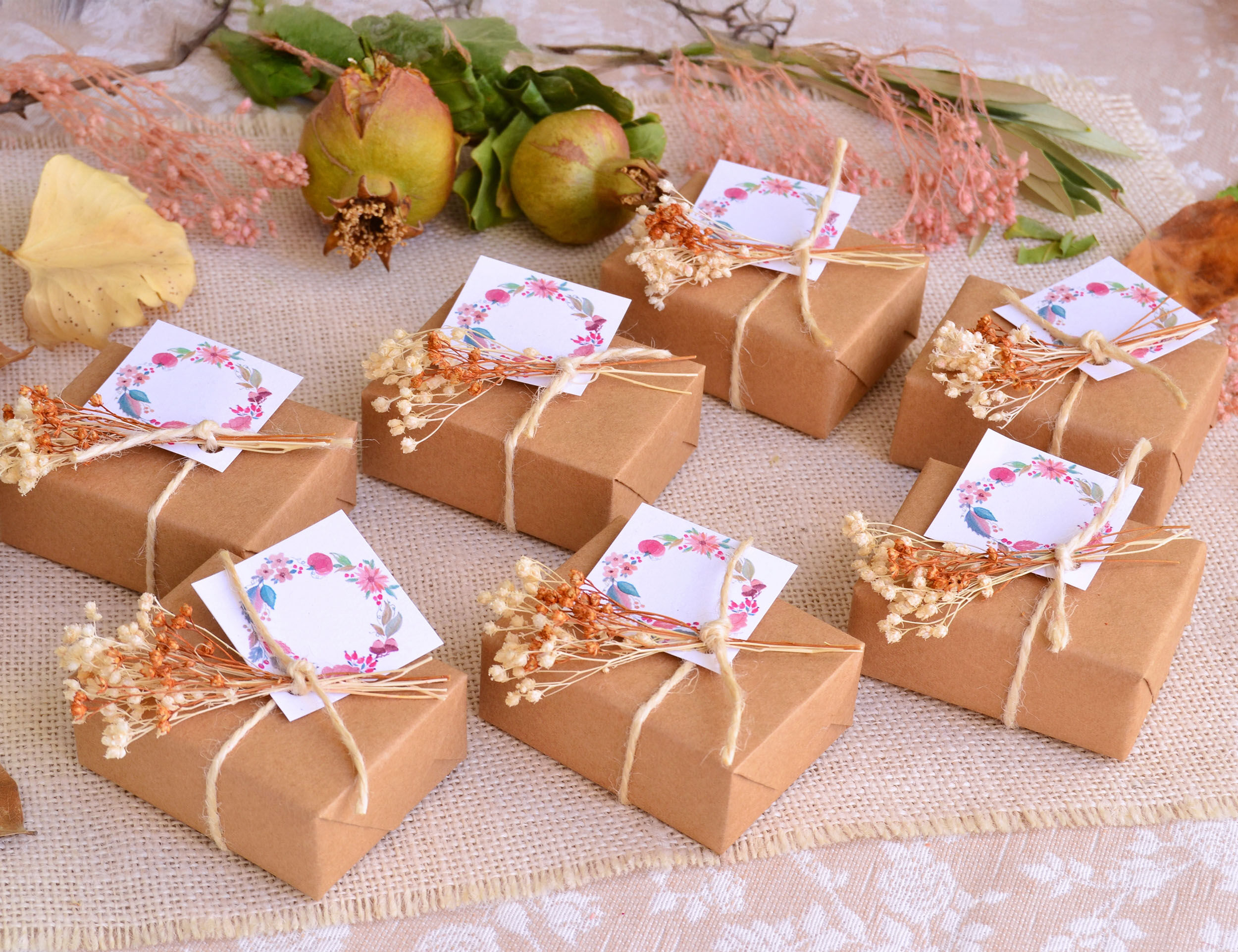 Presents in boxes on a wooden background with copy space